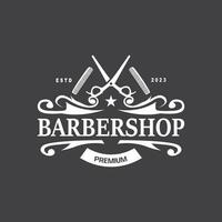 Friseur Logo, Barbier Schere Vektor, alt Design retro Jahrgang Typografie Ornament vektor