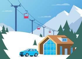 Ski Erholungsort. Winter Berg Landschaft mit Hütte, Ski Aufzug und Auto im Vorderseite. Winter Sport Ferien Banner. Vektor Illustration.