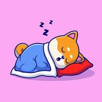 süß Shiba inu Hund Schlafen mit Kissen und Decke Karikatur Vektor Symbol Illustration. Tier Natur Symbol Konzept isoliert Prämie Vektor. eben Karikatur Stil