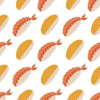Nigiri nahtlos Vektor Muster. frisch japanisch Sushi mit Reis, Garnele, Tamago Omelette-gebraten Ei. traditionell asiatisch Fisch Rollen, sashimi. roh Meeresfrüchte Vorspeise. eben Karikatur Hintergrund zum drucken, Netz