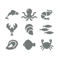 Meeresfrüchte, Fisch und Hummer Vektor Symbole. Meer, Ozean Essen mit Auster, Tintenfisch und Muscheln Symbol Satz.