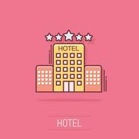 vektor tecknad serie hotell ikon i komisk stil. torn tecken illustration piktogram. hotell lägenhet företag stänk effekt begrepp.