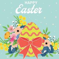 Lycklig påsk hälsning kort med påsk ägg, rosett och blommor. påsk text med färgrik blomma element i grön bakgrund för vår säsong. för mall, banderoller, tapet, flygblad, inbjudan vektor
