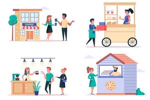 Street Food Shop isolierte Elemente gesetzt. Menschenbündel kaufen Getränke im Café, Kioske mit Desserts, Pizza im Pizzeria-Restaurant. Schöpfer-Kit für Vektor-Illustration im flachen Cartoon-Design vektor