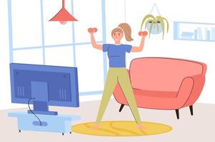 Fitness zu Hause Konzept. glückliche frau, die mit hanteln trainiert und videolektionen mit training anschaut, sportliche aktivitäten im wohnzimmer mit fernseher ausübt. Vektorillustration im trendigen flachen Design vektor