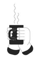 innehav kopp av te ört- medicin tecknad serie mänsklig händer översikt illustration. värma dryck dricka 2d isolerat svart och vit vektor bild. läkning dryck ångande platt enfärgad teckning klämma konst