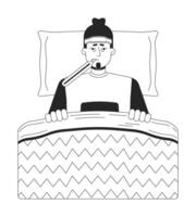 kalt krank kaukasisch Mann Lügen im Bett schwarz und Weiß 2d Linie Karikatur Charakter. erschöpft männlich mit Thermometer isoliert Vektor Gliederung Person. eingewickelt im Decke monochromatisch eben Stelle Illustration