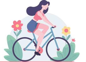 ung Lycklig kvinna ridning cykel i de parkera, flicka åtnjuter på en cykel utomhus aktivitet, platt vektor illustration.