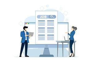 Werdegang oder Job Suche Konzept, suchen zum ein Neu Arbeit, Arbeit, suchen zum Gelegenheiten, suchen zum Stellenangebote oder Job Positionen, Charakter mit Laptop zu Suche zum arbeiten. eben Vektor Illustration.