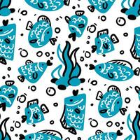 nahtlos Hintergrund mit dekorativ Blau Fisch. Marine Thema mit Schwimmen Fisch in der Nähe von Algen mit Steine. hell Elemente auf ein Weiß Hintergrund. Farbe Flecken und Kontur. Ornament Drucken vektor
