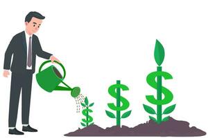 Geschäftsmann Charakter Bewässerung gepflanzt Geld Dollar sprießen Blume. Pflanze Geld Baum zu Investition Geschäft Konzept Vektor Illustration isoliert auf Weiß Hintergrund.