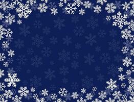 jul blå bakgrund med vit snöflingor. Semester kort eller hälsning kort. Lycklig ny år vektor illustration.