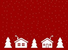 jul bakgrund med hus, gran träd och det snöar. Semester kort eller hälsning kort. Lycklig ny år vektor illustration.