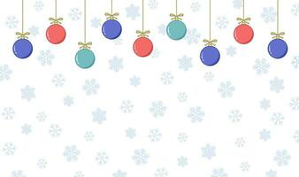 jul bakgrund med träd bollar hängande och blå snöflingor. Semester kort eller hälsning kort. Lycklig ny år vektor illustration.