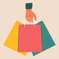 Frau Hand halt Einkaufen bunt oder Geschenk Tasche. Einkaufen Konzept zum Banner, Poster. Vektor