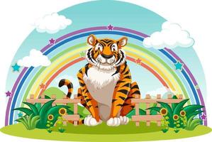 ein Tiger sitzt im Garten mit Regenbogen am Himmel vektor