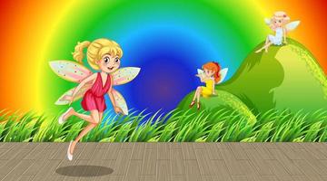 Feen-Cartoon-Figur auf Regenbogen-Gradienten-Hintergrund vektor