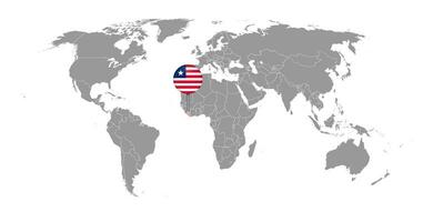 nålkarta med liberia flagga på världskartan. vektor illustration.