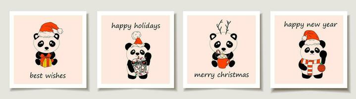 jul vektor gåva kort eller märka uppsättning panda med dekoration jul. glad jul text, bäst lyckönskningar