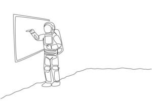 Eine durchgehende Strichzeichnung eines jungen Astronauten, der die Formel erklärt und auf dem Whiteboard in der Mondoberfläche schreibt. Weltraumkonzept der kosmischen Galaxie. dynamische einzeilige Grafikdesign-Vektorillustration zeichnen vektor