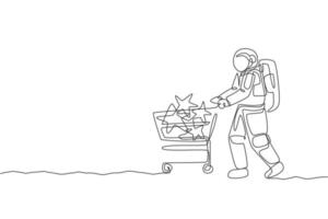 Eine durchgehende Strichzeichnung eines jungen Astronauten, der Wagen mit Sternen im Inneren schiebt und Spielzeug im Supermarkt kauft. Weltraumkonzept der kosmischen Galaxie. dynamische einzeilige Zeichnungsdesign-Vektorgrafikillustration vektor