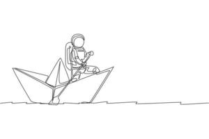Eine durchgehende Strichzeichnung eines jungen Astronautenseglers, der Papierboot im Meer rudert. Weltraumkonzept der kosmischen Galaxie. dynamische einzeilig zeichnende Design-Grafik-Vektor-Illustration vektor