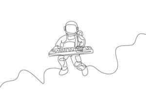 einzelne durchgehende Strichzeichnung eines Astronauten-Keyboarders, der ein Tastenmusikinstrument in der kosmischen Galaxie spielt. Deep Space Musik Konzertkonzept. trendige Grafikdesign-Vektorillustration mit einer Linie zeichnen vektor