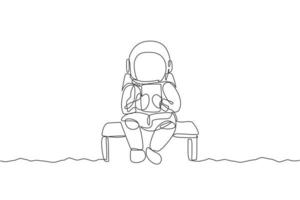 enda kontinuerlig linjeteckning av astronaut som sitter koppla av på stolen medan du läser nyheter i surfplattan. affärskontor med galax yttre rymden koncept. trendig en linje rita design vektor illustration