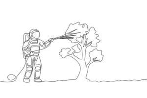 Eine durchgehende Strichzeichnung des Raumfahrers, der den Pflanzenbaum mit einem Metallplastikschlauch in der Mondoberfläche bewässert. Deep Space Farming Astronautenkonzept. dynamische einzeilige Zeichnungsdesign-Vektorgrafikillustration vektor