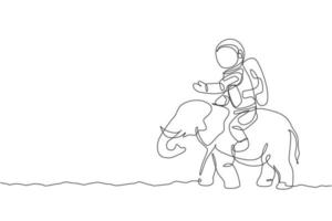 Eine durchgehende Strichzeichnung des Kosmonauten mit Raumanzug, der einen asiatischen Elefanten reitet, wildes Tier auf der Mondoberfläche. Astronauten-Zoo-Safari-Reisekonzept. trendige Single-Line-Draw-Design-Vektor-Illustration vektor