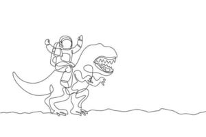 einzelne durchgehende Linienzeichnung des Kosmonauten mit Raumanzug, der Tyrannosaurus reitet, wildes Tier auf der Mondoberfläche. Fantasy-Astronauten-Safari-Reisekonzept. trendige einzeilige design-vektorillustration vektor