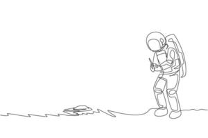 en kontinuerlig linjeteckning av astronaut som spelar hastighetsbåtradiostyrning i månens kosmiska galax. yttre rymden hobby och livsstilskoncept. dynamisk enkel linje rita design vektor grafisk illustration