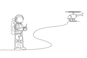 einzelne durchgehende Linienzeichnung des Astronauten, der Hubschrauber-Funksteuerung in der Mondoberfläche spielt. Spaß in der Freizeit am Weltraumkonzept haben. trendige eine linie zeichnen design vektorillustrationsgrafik vektor