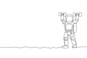 Eine durchgehende Strichzeichnung eines Astronauten, der in der kosmischen Mondgalaxie Hantel hebt. Weltraumsport- und Lifestyle-Konzept. dynamische einzeilige Grafikdesign-Vektorillustration zeichnen vektor
