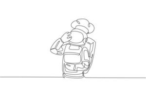 Eine durchgehende Strichzeichnung eines jungen Astronautenkochs, der eine köstliche Handgeste für ein leckeres Gericht gibt. gesunde küche speisekarte auf restaurantkonzept. dynamische einzeilige Zeichnungsdesign-Vektorillustration vektor