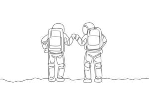 en kontinuerlig linjeteckning av två unga glada astronauter som ger en knytnäve gest i månytan, bakifrån. rymdman djupa rymden koncept. dynamisk enkel linje rita design vektor grafisk illustration