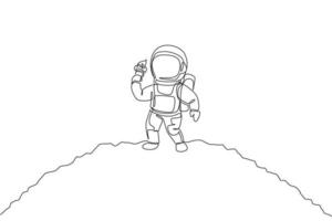 en enda radritning astronaut som går om månens yta medan han äter söt kall mjölkglass grafisk vektorillustration. fantasi yttre rymden liv koncept. modern kontinuerlig linje rita design vektor
