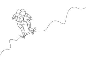 einzelne durchgehende Linienzeichnung von Astronauten, die Skateboard auf der Mondoberfläche reiten. Weltraumastronomie Galaxie Sportkonzept. trendige Grafik mit einer Linie zeichnen Design-Vektor-Illustration vektor