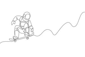 eine durchgehende Strichzeichnung von Astronauten, die Skateboard in der Weltraumgalaxie fahren. Spaceman gesundes Fitness-Sportkonzept. dynamische einzeilige Grafikdesign-Vektorillustration zeichnen vektor