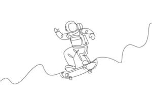 einzelne durchgehende Linienzeichnung von Astronauten, die Skateboard auf der Mondoberfläche fahren, im Weltraum. Weltraumastronomie Galaxie Sportkonzept. trendige eine linie zeichnen design vektorillustrationsgrafik vektor
