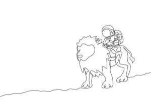 Eine einzige Strichzeichnung von Astronauten, die Löwen reiten, wildes Tier in Mondoberflächen-Vektorillustration. Kosmonauten-Safari-Reisekonzept. moderne durchgehende Linienzeichnungsgrafik vektor