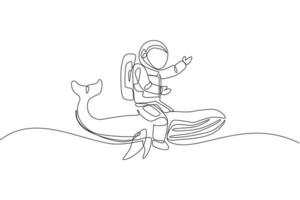 en kontinuerlig ritning av rymdmannen ta en promenad på en blåval, ett gigantiskt däggdjursdjur i galaxnebulosan. djup rymdresekoncept. dynamisk enkel linje rita design vektor illustration grafik