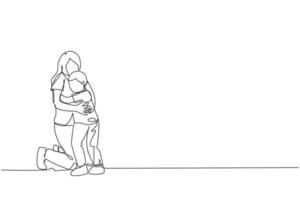 Eine durchgehende Strichzeichnung einer jungen glücklichen Mutter, die ihren lieben Sohn voller Wärme in der Schule umarmt. glückliches liebevolles Elternfamilienkonzept. dynamische einzeilig zeichnende Design-Grafik-Vektor-Illustration vektor