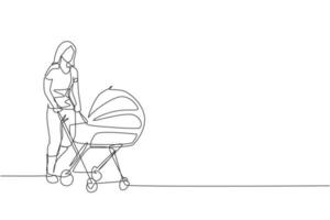 Eine durchgehende Strichzeichnung der jungen glücklichen Mutter, die den Babywagen im Outdoor-Park schiebt. glückliches liebevolles Elternfamilienkonzept. dynamische einzeilige Grafikdesign-Vektorillustration zeichnen vektor
