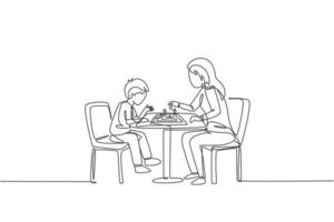 einzelne durchgehende Strichzeichnung einer jungen Mutter, die auf einem Stuhl sitzt, denkt ernsthaft daran, zu Hause Schach gegen ihren Sohn zu spielen. glückliches familienelternschaftskonzept. trendige einzeilige design-vektorillustration vektor