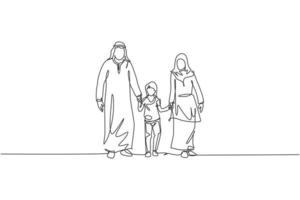 enda kontinuerlig ritning av unga arabiska mamma och pappa som går och håller sin dotters hand tillsammans. islamiska muslimska lyckliga familj föräldraskap koncept. en linje rita design vektor illustration