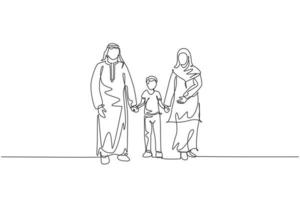 enda kontinuerlig linje ritning av ung arabisk mor och far går tillsammans och håller sin pojkens sons hand. islamiska muslimska lyckliga familj föräldraskap koncept. en linje rita design vektor illustration