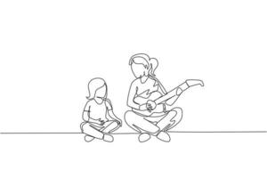 Eine einzige Strichzeichnung einer jungen Mutter, die Gitarre spielt und zusammen mit ihrem Sohn zu Hause glücklich singt Vektorgrafik. glückliches familienbindungskonzept. modernes Design mit durchgehender Linienführung vektor
