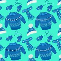 vektor mönster med vinter- kläder. barns värma vinter- kläder för gående. stickat hatt, Tröja, scarf, handskar med jacquard mönster och pompoms. vektor uppsättning av blå Färg.