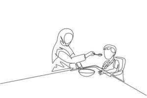 einzelne durchgehende Strichzeichnung der jungen islamischen Mutter, die dem Sohn gesundes Essen mit Löffel zu Hause füttert. arabische muslimische glückliche familie mutterschaftskonzept. trendige einzeilige design-vektorillustration vektor